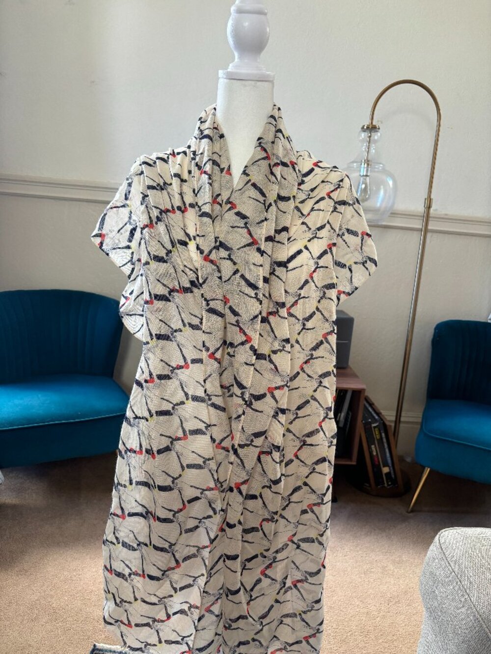 J.Crew Cream Bird Print Scarf Navy Red Lightweight Wrap